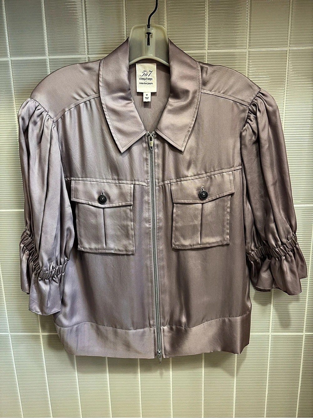 🦄 rare Cinq a Sept 5à7 Holly Ruffle Sleeve Utility Shirt-Jacket Lavender-Pink Si - Picture 4 of 6